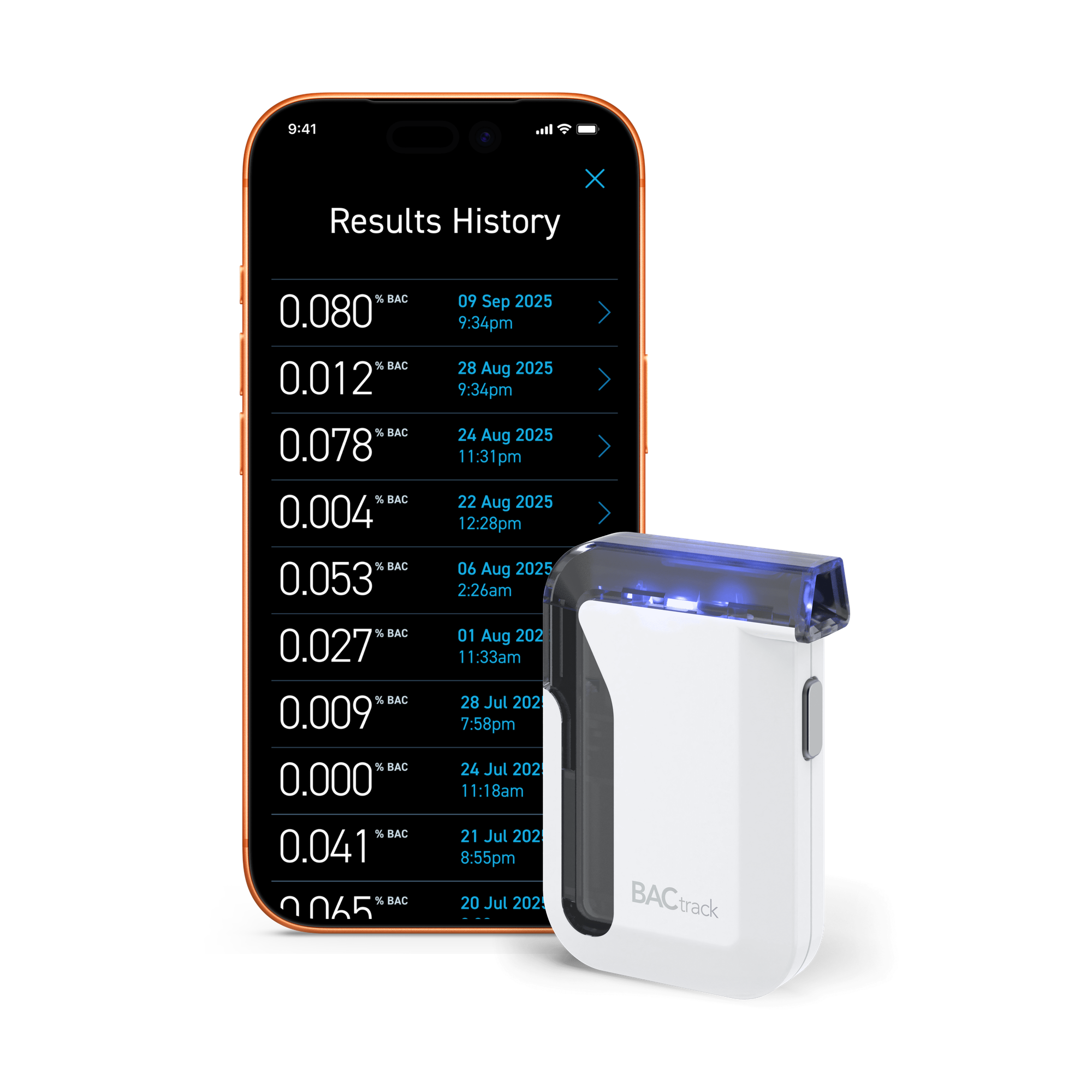 BACtrack Mobile breathalyzer with the BACtrack app Results History on iPhone