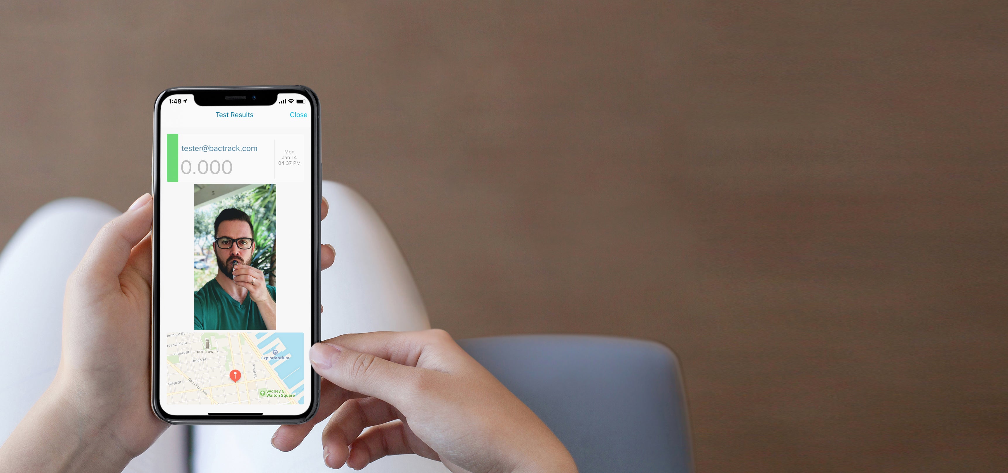 BACtrack View breathalyzer paired with an iPhone