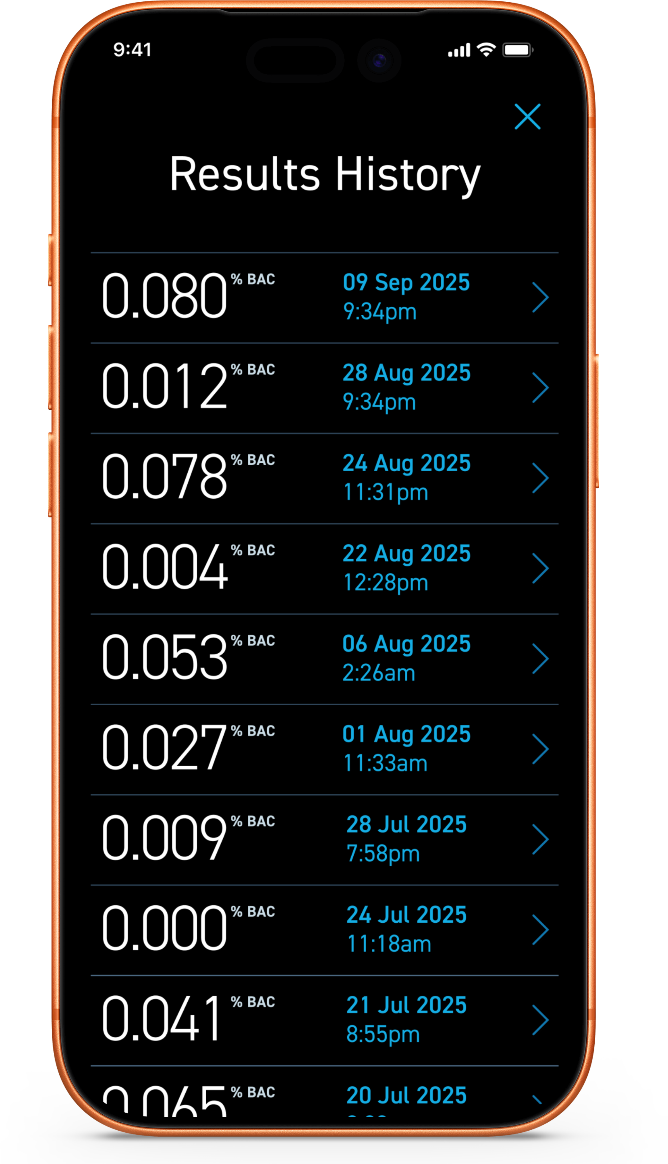 BACtrack app Results History screen on iPhone